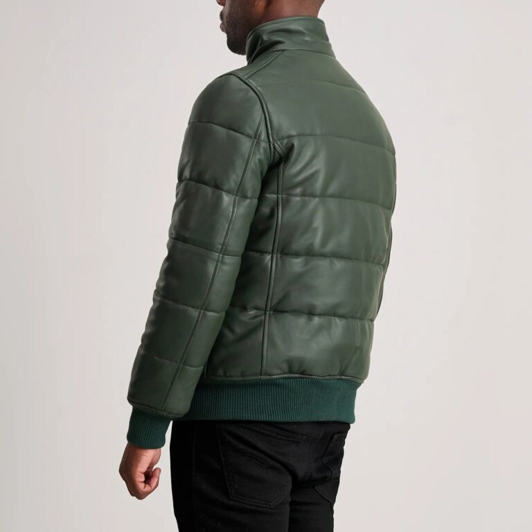 Mens Lucas Green Leather Puffer Bomber Jacket Tilted Back-8-1733757837552